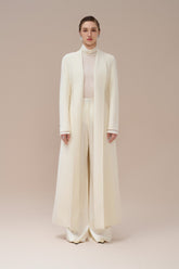 Wool long coat with open front design and back belt for elegant structured layering